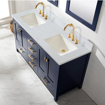 Design Element Valentino 60'' Double Sink Vanity in Blue with Carrara White Marble Countertop, Overhead View