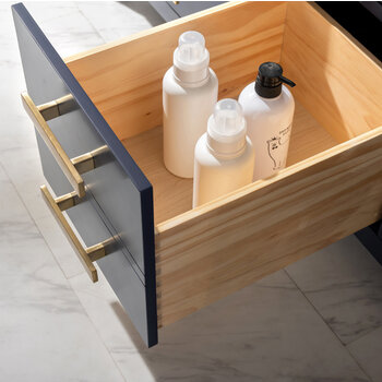 Design Element Valentino 60'' Double Sink Vanity in Blue with Carrara White Marble Countertop, Opened Drawer View