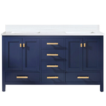 Design Element Valentino 60'' Double Sink Vanity in Blue with Carrara White Marble Countertop, Product Front View