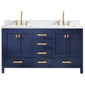 Design Element Valentino 60'' Double Sink Vanity in Blue with Carrara White Marble Countertop, Front Product View