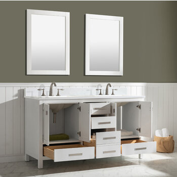 Design Element Valentino 60'' Double Sink Vanity in White with Carrara White Marble Countertop, Opened View