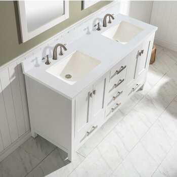 Design Element Valentino 60'' Double Sink Vanity in White with Carrara White Marble Countertop, Overhead View
