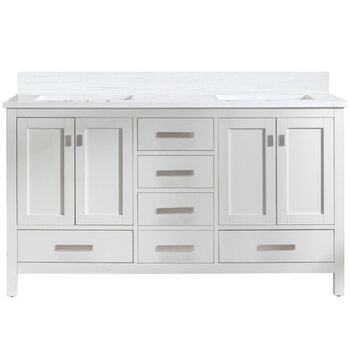 Design Element Valentino 60'' Double Sink Vanity in White with Carrara White Marble Countertop, Product Front View