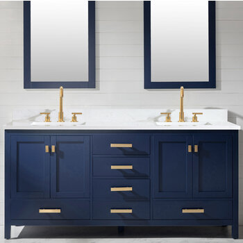 Design Element Valentino 72'' Double Sink Vanity in Blue with Carrara White Marble Countertop, Front View