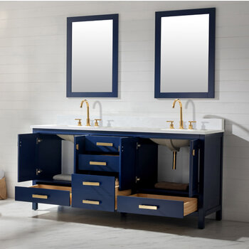 Design Element Valentino 72'' Double Sink Vanity in Blue with Carrara White Marble Countertop, Opened View