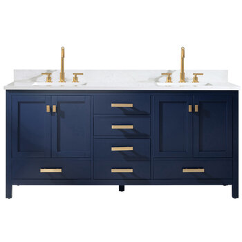 Design Element Valentino 72'' Double Sink Vanity in Blue with Carrara White Marble Countertop, Front Product View