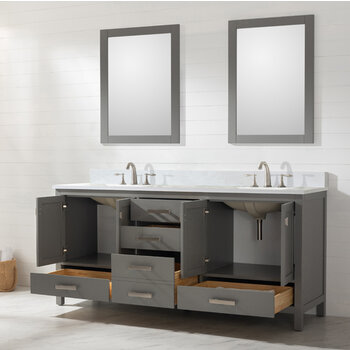 Design Element Valentino 72'' Double Sink Vanity in Gray with Carrara White Marble Countertop, Opened View