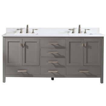 Design Element Valentino 72'' Double Sink Vanity in Gray with Carrara White Marble Countertop, Front Product View