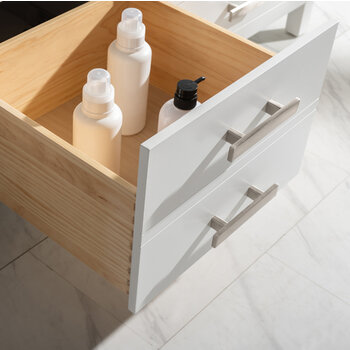 Design Element Valentino 72'' Double Sink Vanity in White with Carrara White Marble Countertop, Opened Drawer View