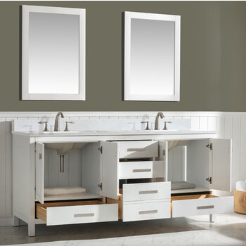 Design Element Valentino 72'' Double Sink Vanity in White with Carrara White Marble Countertop, Opened View
