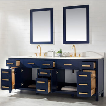 Design Element Valentino 84'' Double Sink Vanity in Blue with White Quartz Countertop, Opened View
