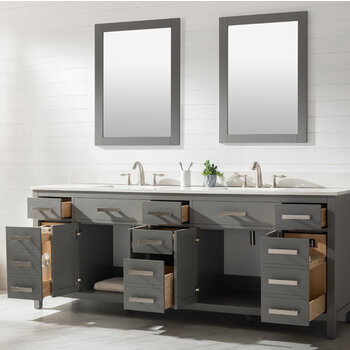 Design Element Valentino 84'' Double Sink Vanity in Gray with White Quartz Countertop, Opened Drawer View