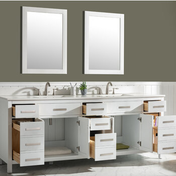Design Element Valentino 84'' Double Sink Vanity in White with White Quartz Countertop, Opened View