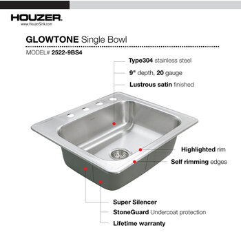 Glowtone Series Stainless Steel Topmount Kitchen Single Bowl