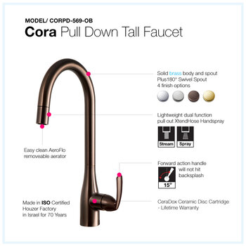 Houzer Cora Pull Down Tall Kitchen Faucet Features