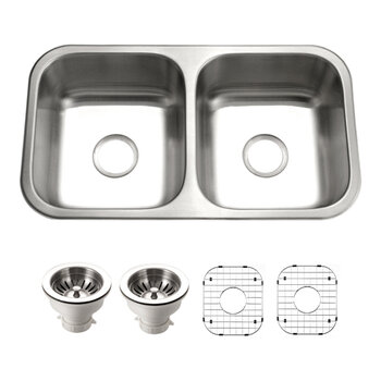 Houzer Elite 31'' Stainless Steel Undermount 50/50 Double Bowl Kitchen Sink Combo with 2x Strainers and 2x Grids, Combo Included Items