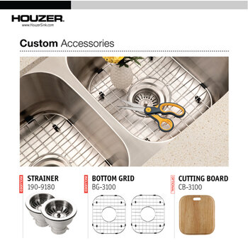 Houzer Elite 31'' Stainless Steel Undermount 50/50 Double Bowl Kitchen Sink Combo with 2x Strainers and 2x Grids, Custom Accessories