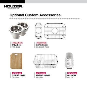 Houzer Legend 33'' Stainless Steel Drop-In Topmount 4-Hole 80/20 Small Left Double Bowl Kitchen Sink with Strainer and 2x Grids, Custom Accessories