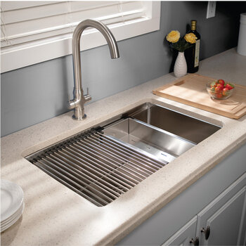 Houzer Novus Stainless Steel 10mm Radius Undermount Single Bowl Workstation Kitchen Sink with Accessories, 26'' In Use Kitchen View