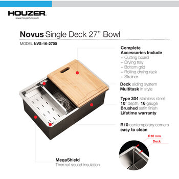 Houzer Novus Stainless Steel 10mm Radius Undermount Single Bowl Workstation Kitchen Sink with Accessories, 26'' Features