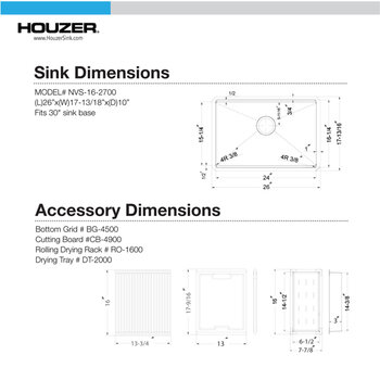 Houzer Novus Stainless Steel 10mm Radius Undermount Single Bowl Workstation Kitchen Sink with Accessories, 26'' Dimensions