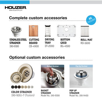 Houzer Novus Stainless Steel 10mm Radius Undermount Single Bowl Workstation Kitchen Sink with Accessories, Custom Accessories