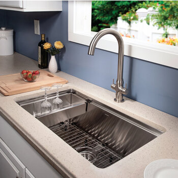 Houzer Novus Stainless Steel 10mm Radius Undermount Single Bowl Workstation Kitchen Sink with Accessories, 30'' In Use Kitchen View
