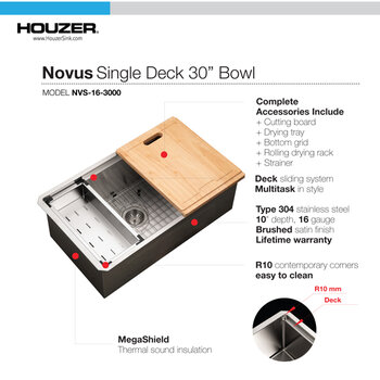 Houzer Novus Stainless Steel 10mm Radius Undermount Single Bowl Workstation Kitchen Sink with Accessories, 30'' Features