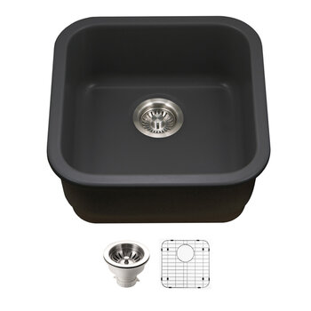 Houzer Platus 19'' Black Fireclay Undermount Square Single Bowl Kitchen Bar Sink Combo with Basket Strainer and Basin Grid, Black Included Items