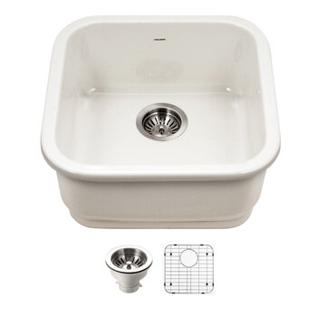 Houzer Platus 19'' Biscuit Fireclay Undermount Square Single Bowl Kitchen Bar Sink Combo with Basket Strainer and Basin Grid, Biscuit Included Items