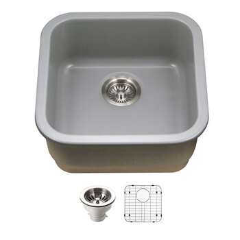 Houzer Platus 19'' Gray Fireclay Undermount Square Single Bowl Kitchen Bar Sink Combo with Basket Strainer and Basin Grid, Gray Included Items