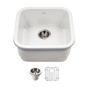 Houzer Platus 19'' White Fireclay Undermount Square Single Bowl Kitchen Bar Sink Combo with Basket Strainer and Basin Grid, White Included Items