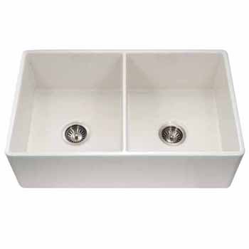 Houzer Platus Series Fireclay Apron Front or Undermount Double Bowl Kitchen Sink, Biscuit Finish, 33''W x 20''D x 9-1/4''H