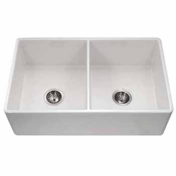 Houzer Platus Series Fireclay Apron Front or Undermount Double Bowl Kitchen Sink, White Finish, 33''W x 20''D x 9-1/4''H