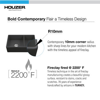 Houzer Platus 33'' Fireclay Apron Front Farmhouse 60/40 Double Kitchen Sink, Timeless Design