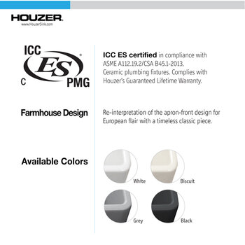 Houzer Platus 33'' Fireclay Apron Front Farmhouse 60/40 Double Kitchen Sink, Available Colors