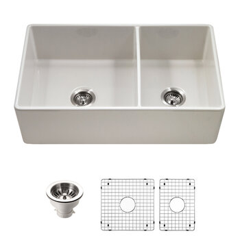Houzer Platus 33'' Fireclay Apron Front Farmhouse 60/40 Double Kitchen Sink with Basket Strainer and 2x Basin Grids, Biscuit Combo Included Items