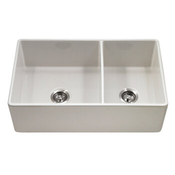 Houzer Platus 33'' Fireclay Apron Front Farmhouse 60/40 Double Bowl Kitchen Sink, Biscuit Product View