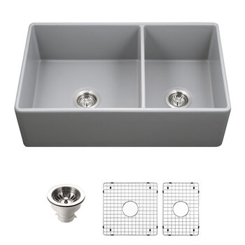 Houzer Platus 33'' Fireclay Apron Front Farmhouse 60/40 Double Kitchen Sink with Basket Strainer and 2x Basin Grids, Gray Combo Included Items