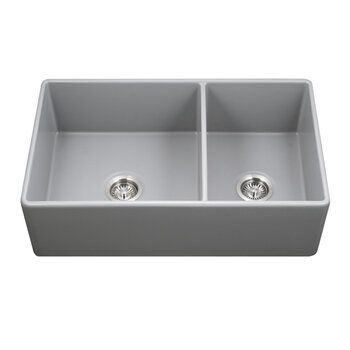 Houzer Platus 33'' Fireclay Apron Front Farmhouse 60/40 Double Small Right Bowl Sink, Gray Product View