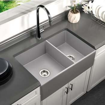 Houzer Platus 33'' Fireclay Apron Front Farmhouse 60/40 Double Small Right Bowl Sink, Gray In Use Kitchen Overhead View