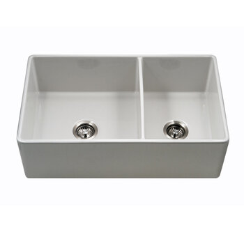 Houzer Platus 33'' Fireclay Apron Front Farmhouse 60/40 Double Bowl Kitchen Sink, White Product View