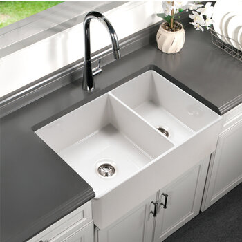 Houzer Platus 33'' Fireclay Apron Front Farmhouse 60/40 Double Bowl Kitchen Sink, White In Use Kitchen Overhead View
