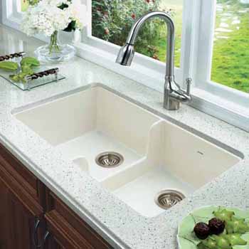Houzer Platus Series Fireclay Apron Front or Undermount Double Bowl Kitchen Sink with Low Divide, Biscuit Finish, 32''W x 18''D x 7-1/8''H