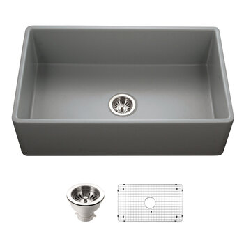 Houzer Platus 33'' Gray Fireclay Apron Front Farmhouse Single Bowl Kitchen Sink Combo with Basket Strainer and Basin Grid, Gray Combo Included Items