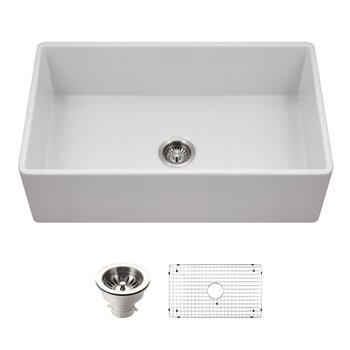 Houzer Platus 33'' Matte White Fireclay Apron Front Farmhouse Single Bowl Kitchen Sink Combo with Basket Strainer and Basin Grid, Matte White Combo Included Items