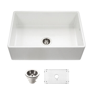 Houzer Platus 33'' White Fireclay Apron Front Farmhouse Single Bowl Kitchen Sink Combo with Basket Strainer and Basin Grid, White Combo Included Items