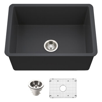 Houzer Platus 26'' Fireclay Undermount Single Bowl Kitchen Sink Combo with Basket Strainer and Basin Grid, Black Combo Included Items