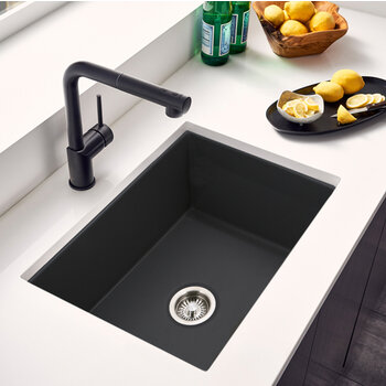 Houzer Platus 26'' Fireclay Undermount Single Bowl Kitchen Sink, Black In Use Kitchen Overhead View