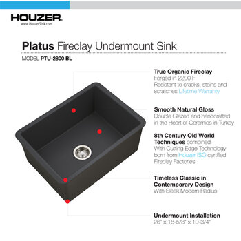 Houzer Platus 26'' Fireclay Undermount Single Bowl Kitchen Sink, Features